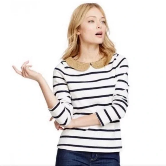 Boden Striped Gold Shimmer Collar Top - Picture 1 of 12